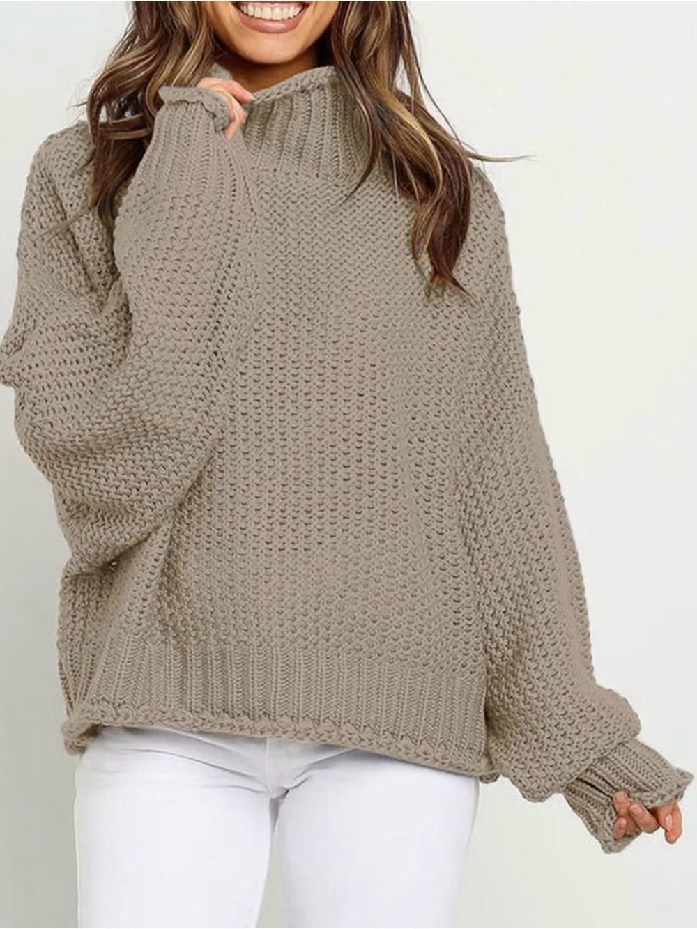 Chunky Knit Mock Neck Sweater Taupe Beige Size Small